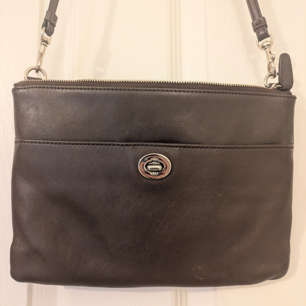 Coach Chocolate Brown Leather Bag with Silver Accents And Classic Turnlock